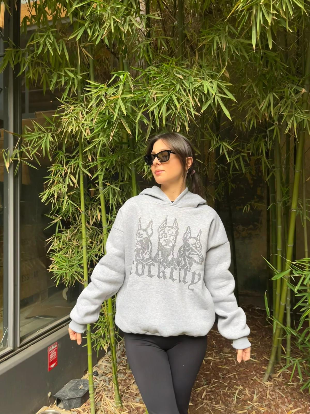 Gri Taşlı Kapüşonlu Sweatshirt