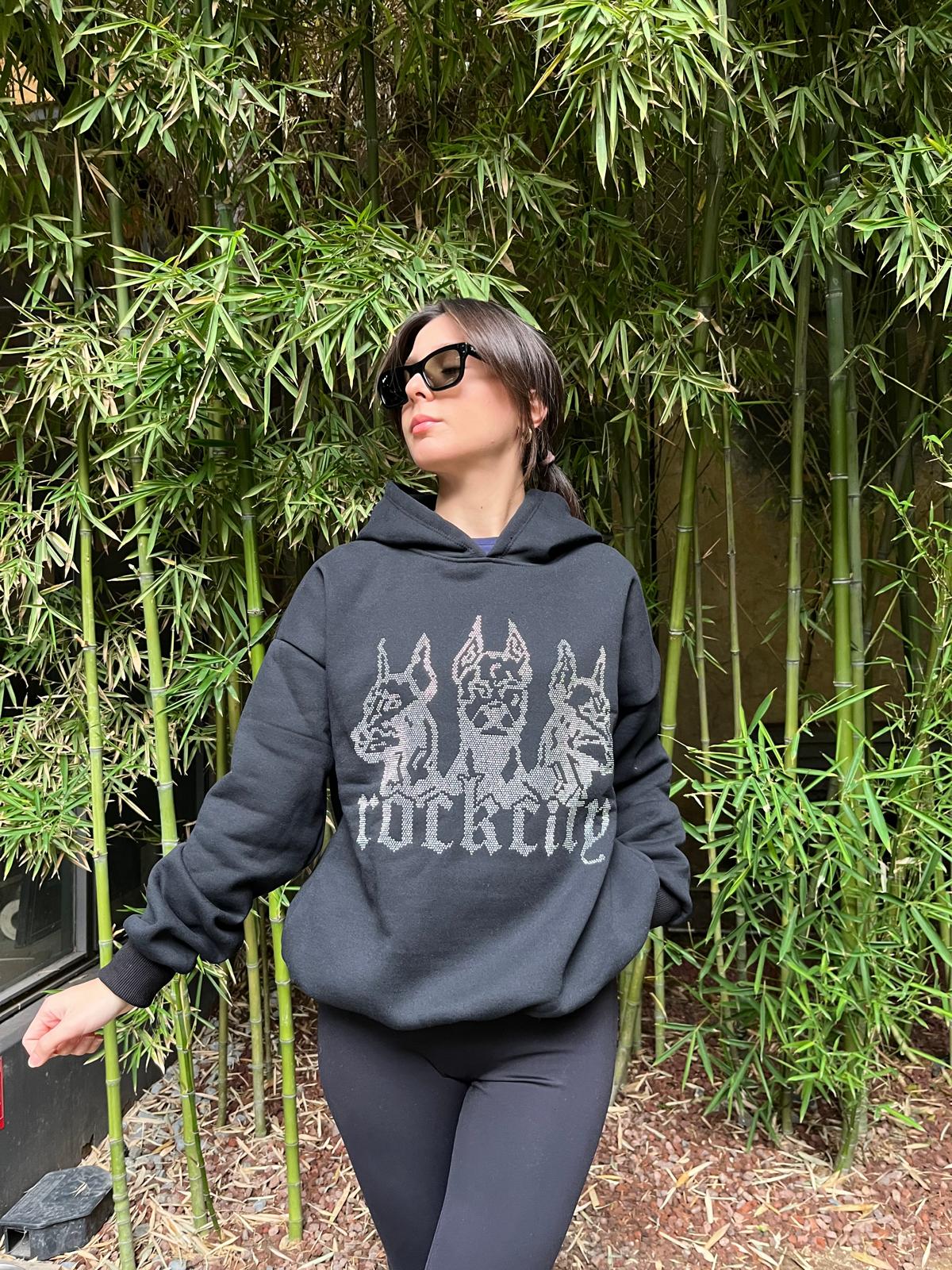 Siyah Taşlı Kapüşonlu Oversize Sweatshirt