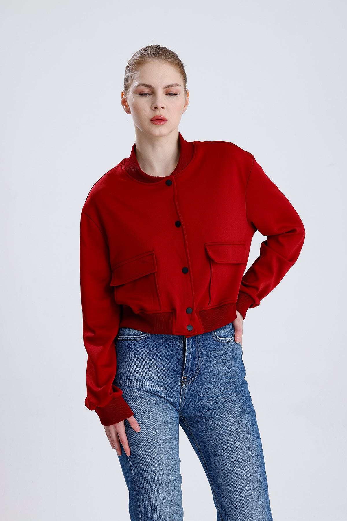Dalgıç Kumaş Çift Cepli Bomber Ceket