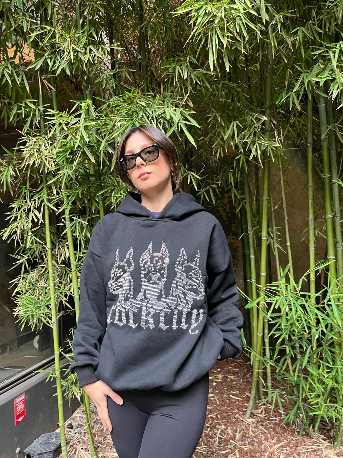 Siyah Taşlı Kapüşonlu Oversize Sweatshirt