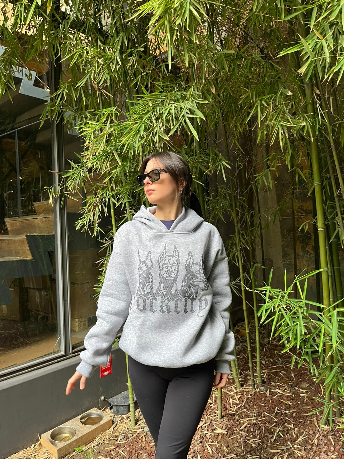 Gri Taşlı Kapüşonlu Sweatshirt