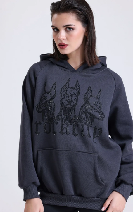 Antrasit Taşlı Kapüşonlu Oversize Sweatshirt