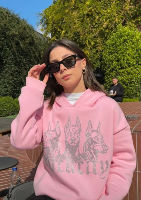 Pembe Taşlı Kapüşonlu Oversize Sweatshirt