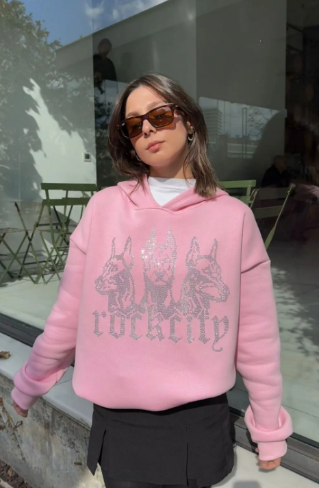 Pembe Taşlı Kapüşonlu Oversize Sweatshirt